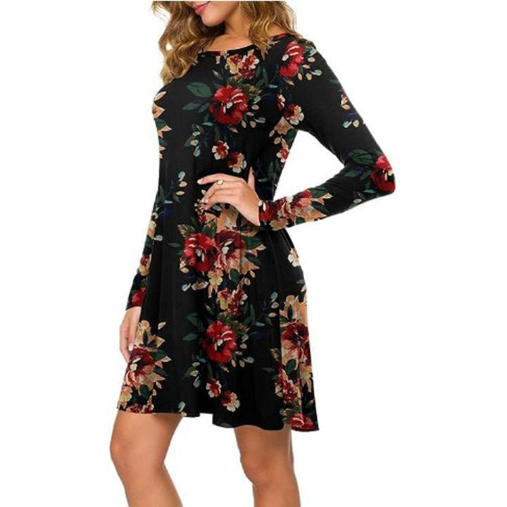 Casual Floral Print Round Neck Long Sleeve Holiday Dress-Lady Dresses-Zishirts