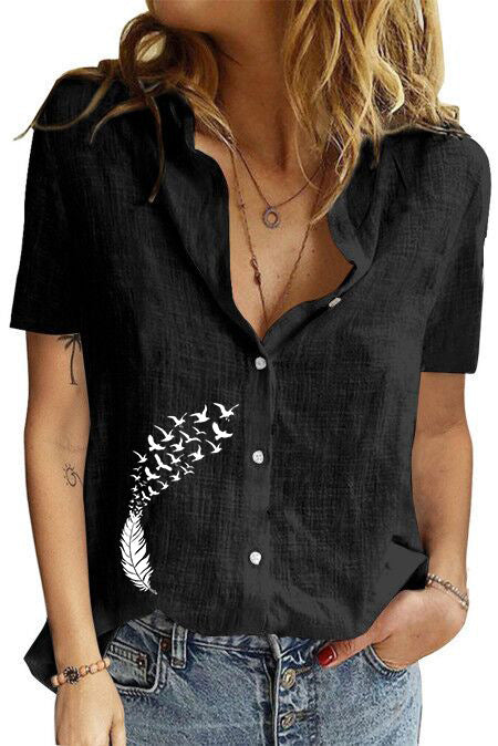 Women's Printed Linen Shirt Short Sleeve-Women's Outerwear 2023-Zishirts