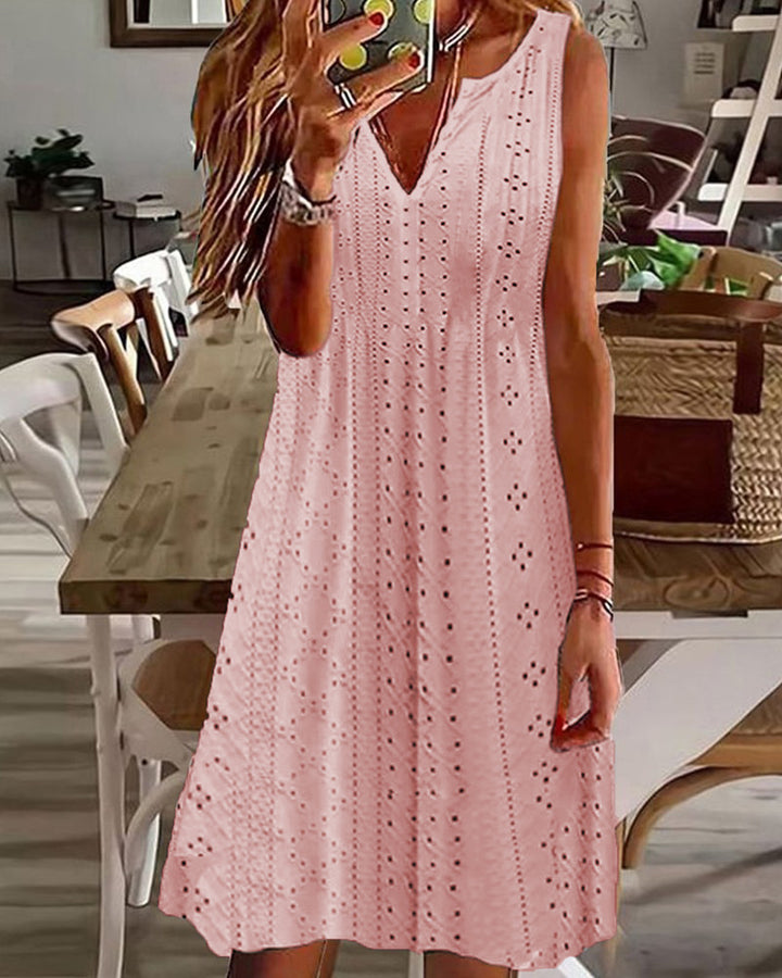 Women's Fashion Solid Color Hollow Jacquard V-neck Sleeveless Dress-Lady Dresses-Zishirts