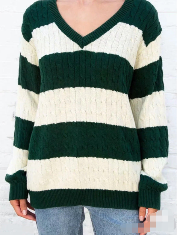 European And American Striped Cable-knit Sweater V-neck Loose Sweater For Women-Women's Outerwear 2023-Zishirts