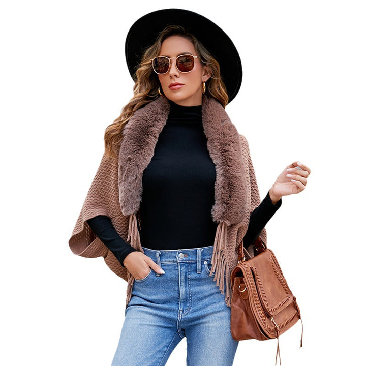 Drizzling Fur Collar Knitted Tassel Cape Coat Women-Scarves & Wraps-Zishirts