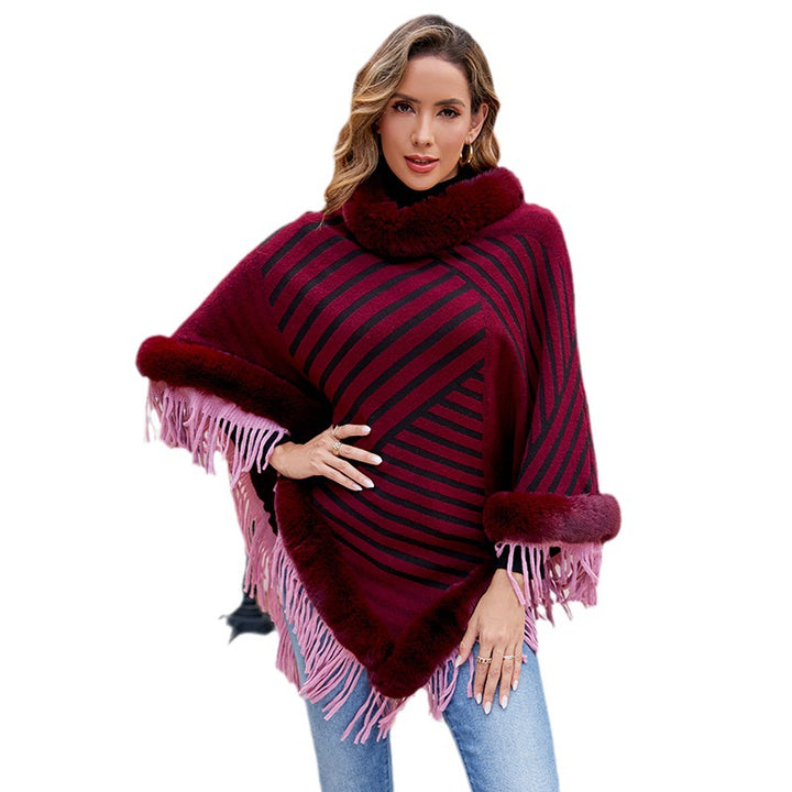 Drizzling Fur Collar Pullover Tassel Knitted Cape For Women-Scarves & Wraps-Zishirts