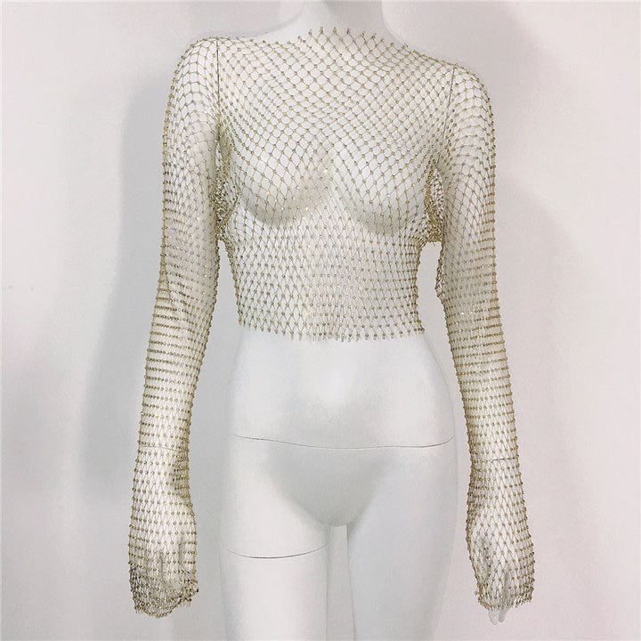 Fishnet Long Sleeve Top Mesh Rhinestone-Blouses & Shirts-Zishirts