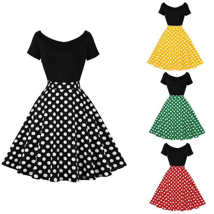 Short Sleeve Stitching Contrast Color Retro Polka Dot Swing Dress-Womens 2024 March-Zishirts