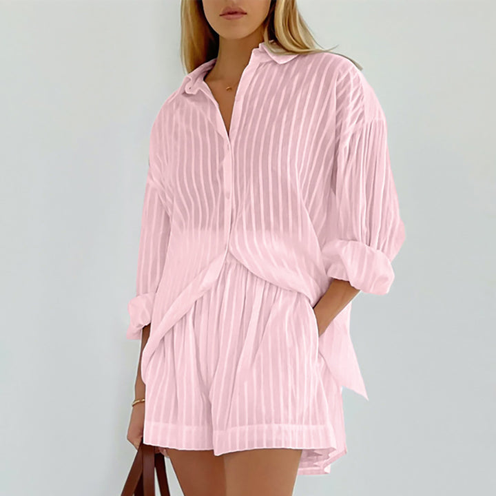 Women's Graceful And Fashionable Striped Puff Sleeve Shorts Suit-Suits & Sets-Zishirts