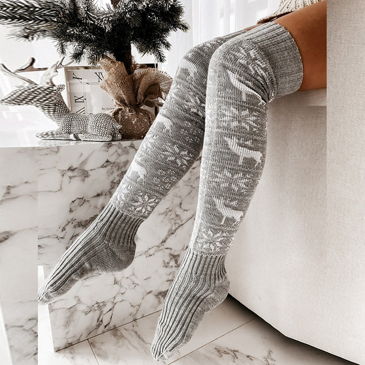 Winter Christmas Warm Knitted Women Stocking Beautiful Elk Snowflake Jacquard Over-the-knee Casual Long Socks For Ladies Gifts Free Size-Womens 2024 March-Zishirts