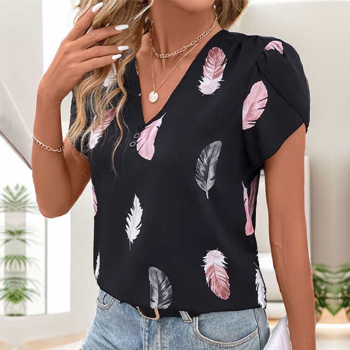 Women's Casual V-neck Feather Printed Shirt-Womens 2024 March-Zishirts