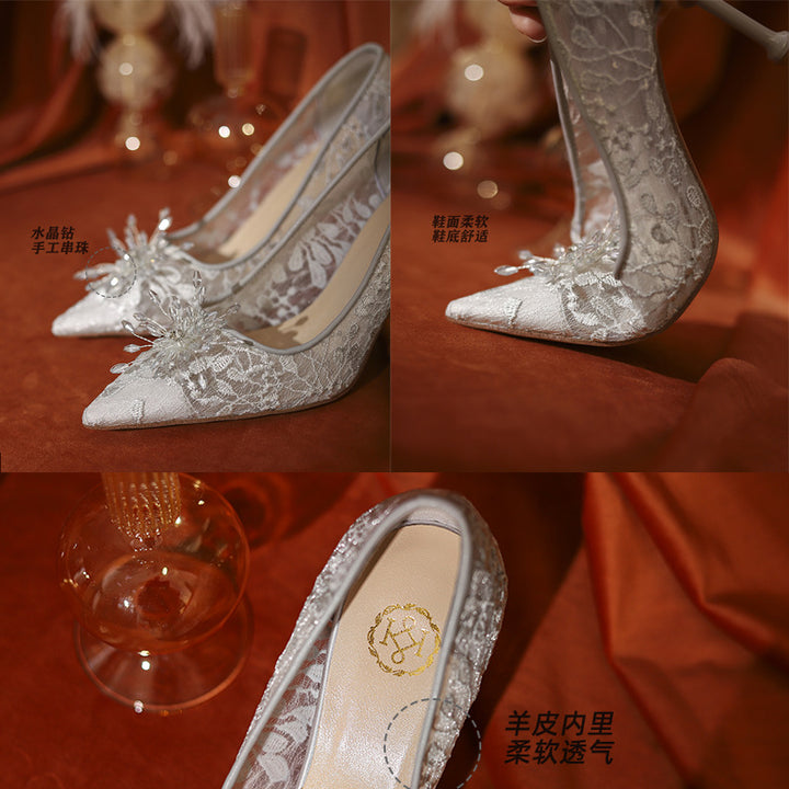 Wedding Shoes Flat White Wedding Dress Crystal Low Heel Shoes-Womens Footwear-Zishirts