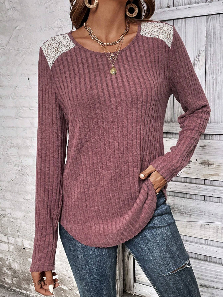 Women's Fashionable Round Neck Sunken Stripe Brushed Lace Long-sleeved Top-Sweaters-Zishirts