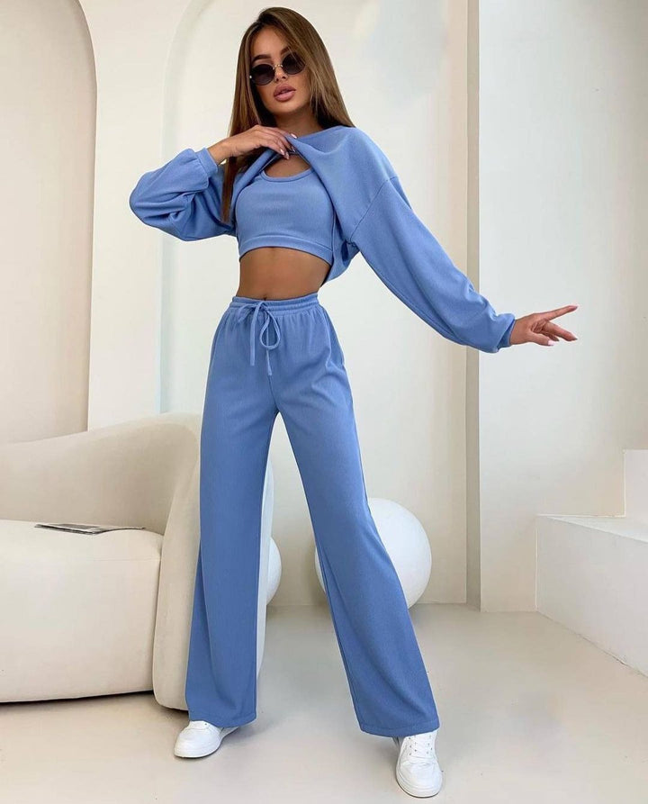 Women's Fashion Round Neck Short Long-sleeved Top And Trousers Suit-Suits & Sets-Zishirts