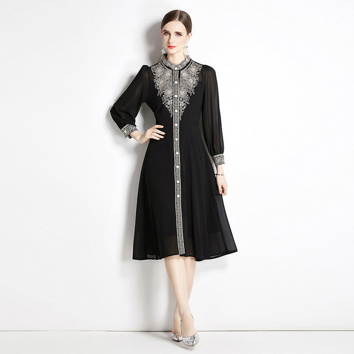 Long Sleeve Gold Thread Embroidered Elegant Midi Dress-Womens 2024 March-Zishirts