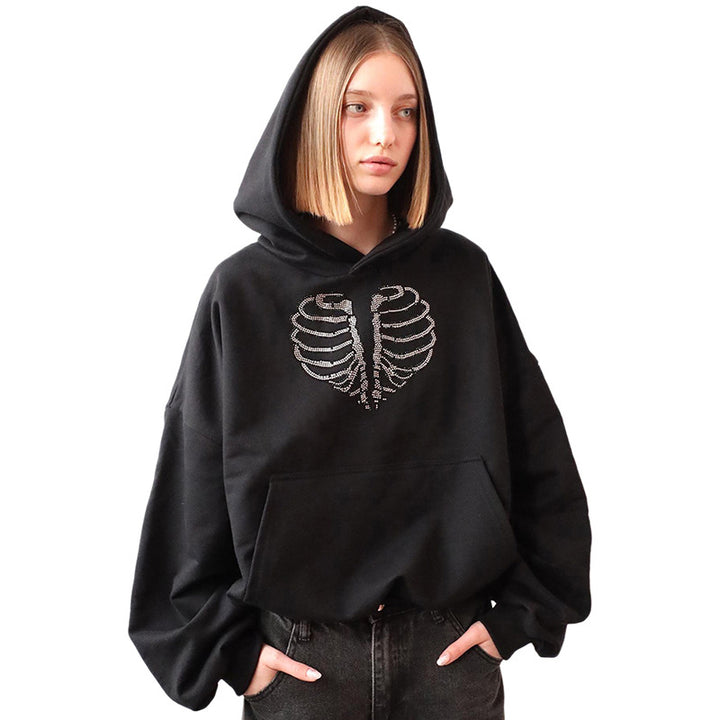 Trendy Skeleton Rhinestone Loose Hooded Sweater-Women's Outerwear 2023-Zishirts