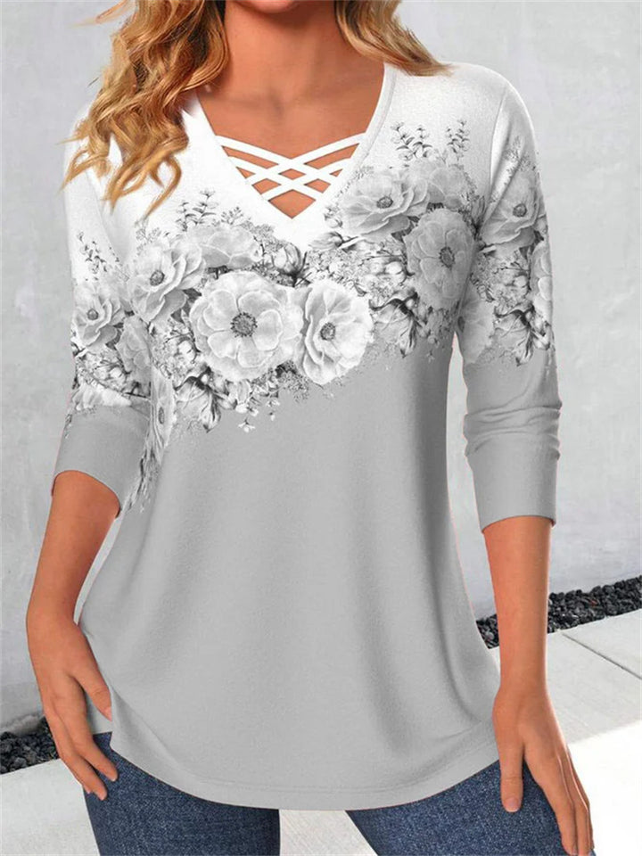 Women's V-neck Flower Print Long-sleeved T-shirt-Blouses & Shirts-Zishirts