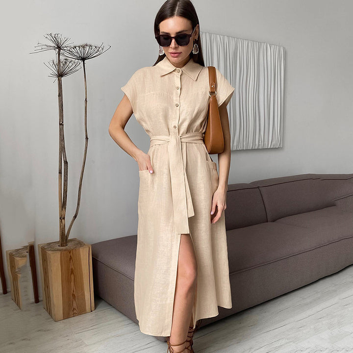 Women's Graceful And Fashionable Short-sleeved Cotton And Linen Dress-Lady Dresses-Zishirts