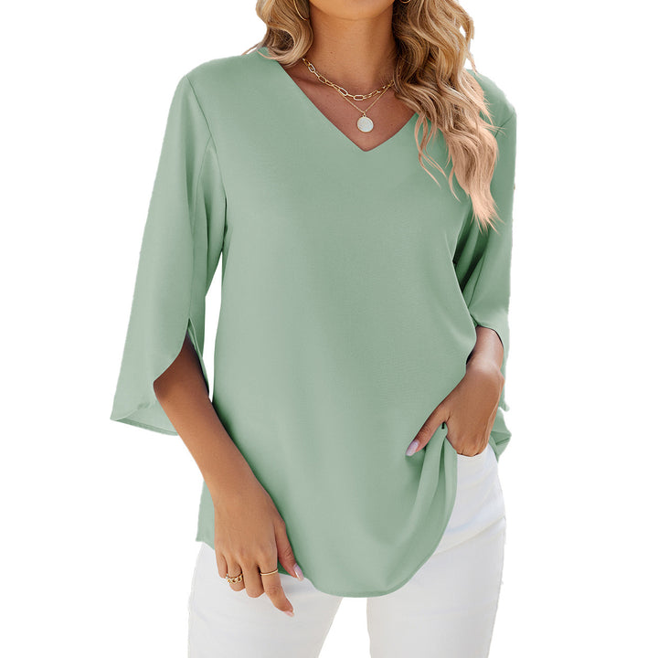 Women's Fashion Solid Color And V-neck Half Sleeves Loose Chiffon Blouse Top-Womens 2024 March-Zishirts