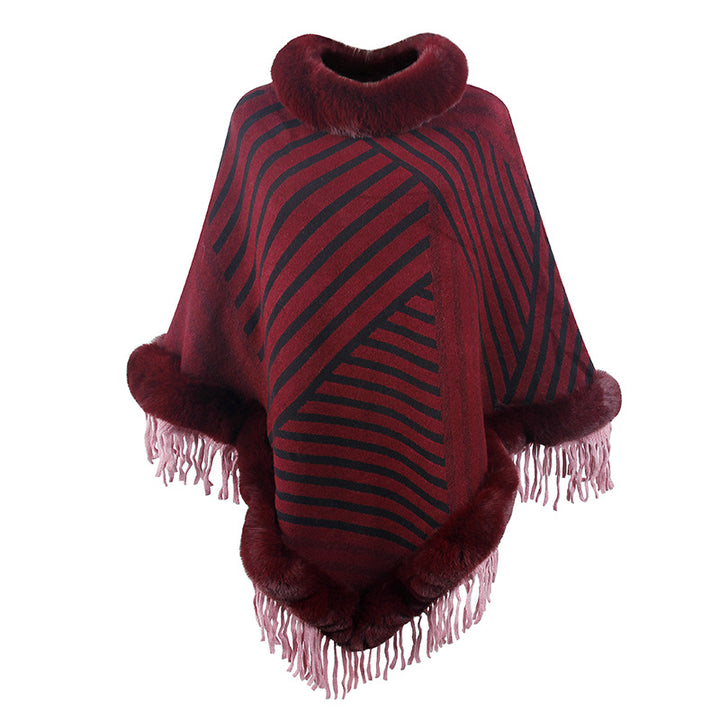 Drizzling Fur Collar Pullover Tassel Knitted Cape For Women-Scarves & Wraps-Zishirts