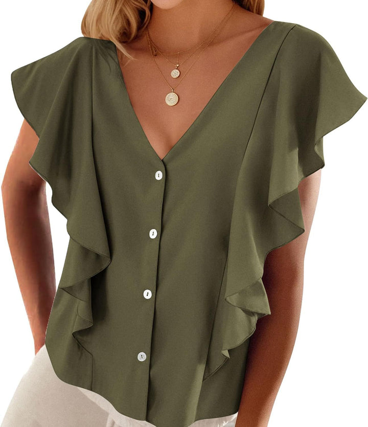 Women's Top Pleated Cover Ruffle Sleeve V-neck-Womens 2024 March-Zishirts