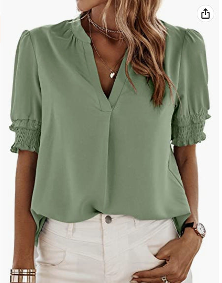 Women's V-neck Casual Short-sleeved Solid Color Chiffon Shirt-Womens 2024 March-Zishirts