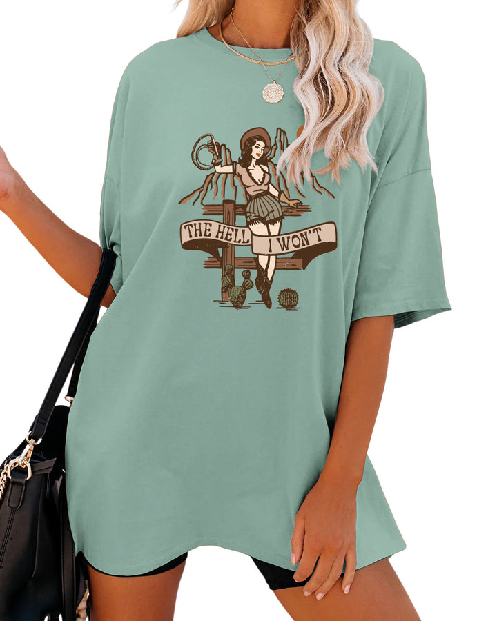 Women's Fashion Casual The Hell I Won't Print Round Neck Short Sleeve-Blouses & Shirts-Zishirts