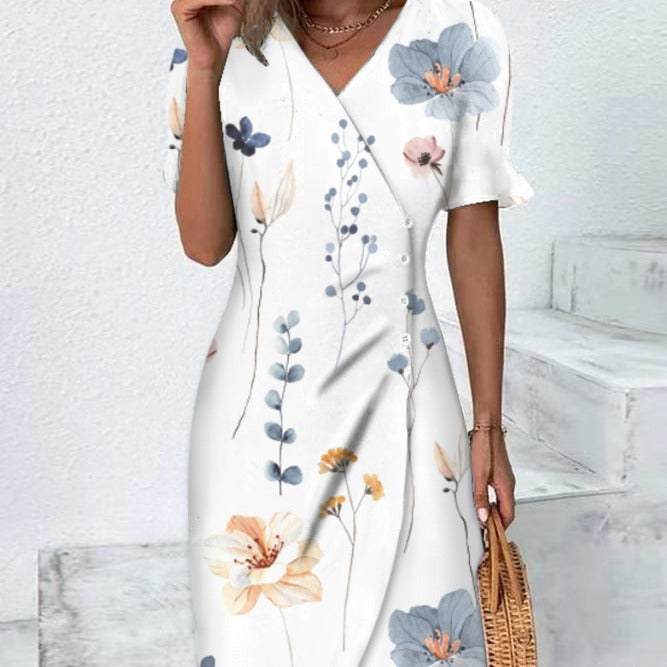 Women's Fashion Casual V-neck Floral Print Dress-Womens 2024 March-Zishirts