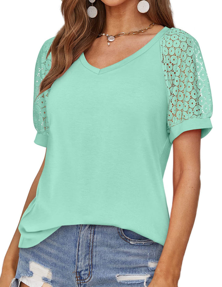 V-neck Lace Stitching Casual T-shirt For Women-Blouses & Shirts-Zishirts