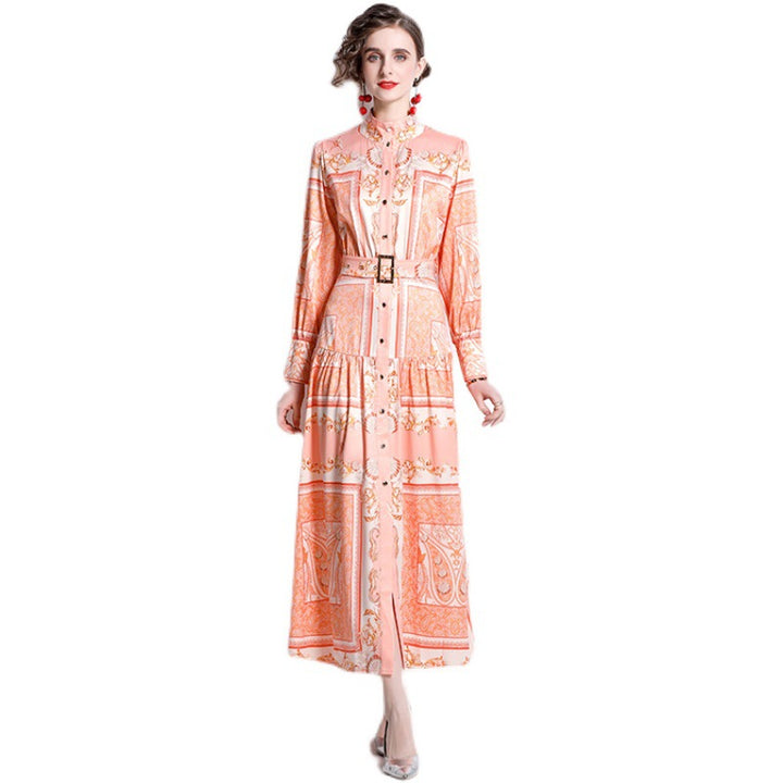 Retro Totem Printing Temperament Single-breasted Long Sleeve Large Swing Dress-0-Zishirts