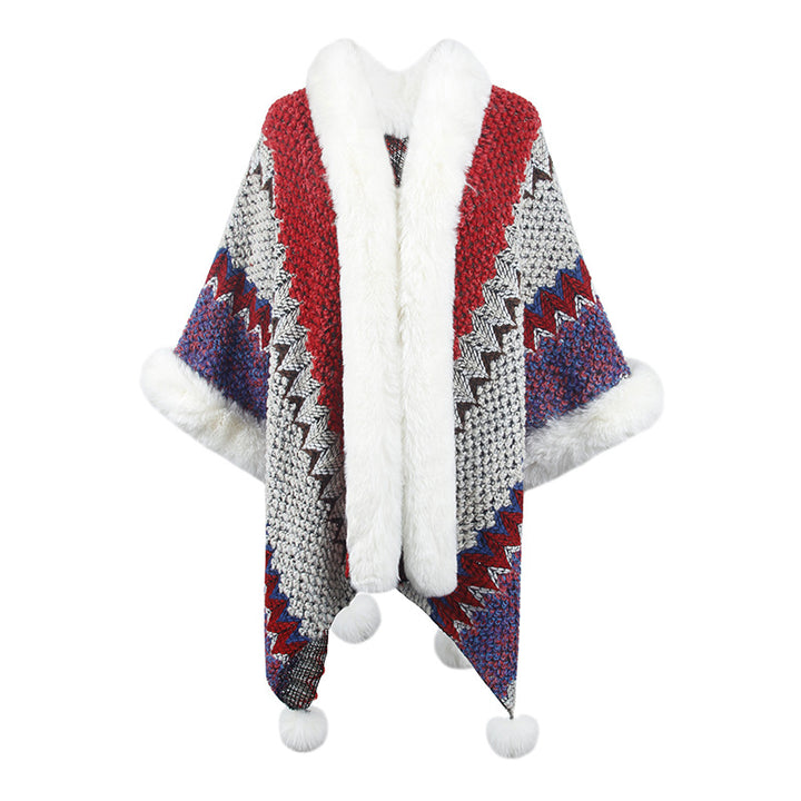 Women's Fur Collar Inverness Striped Ethnic Style-Scarves & Wraps-Zishirts