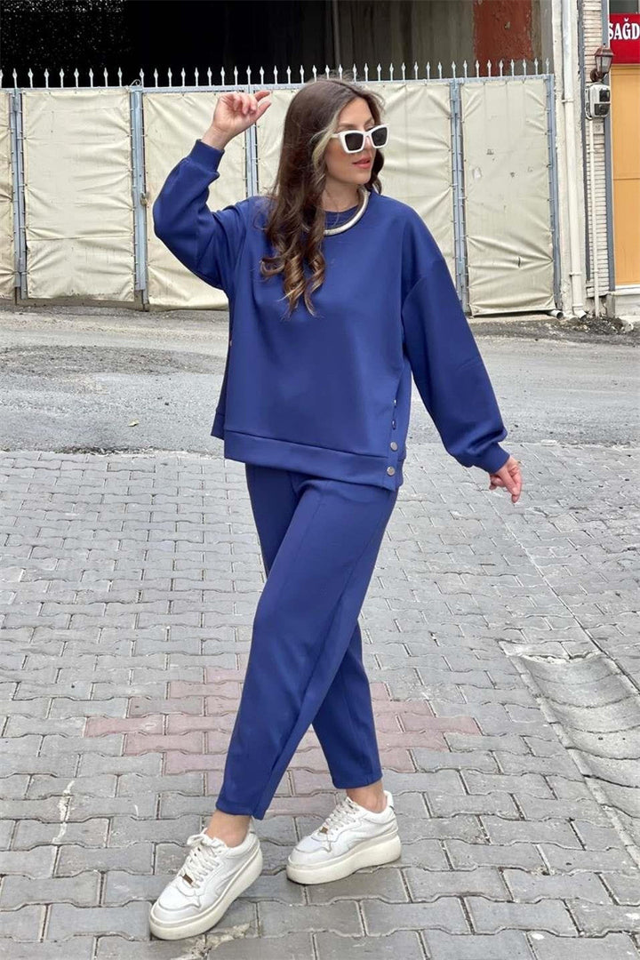 Metal Button Long Sleeve Shirt Sports Casual Ankle Banded Pants Suit-Women's Outerwear 2023-Zishirts