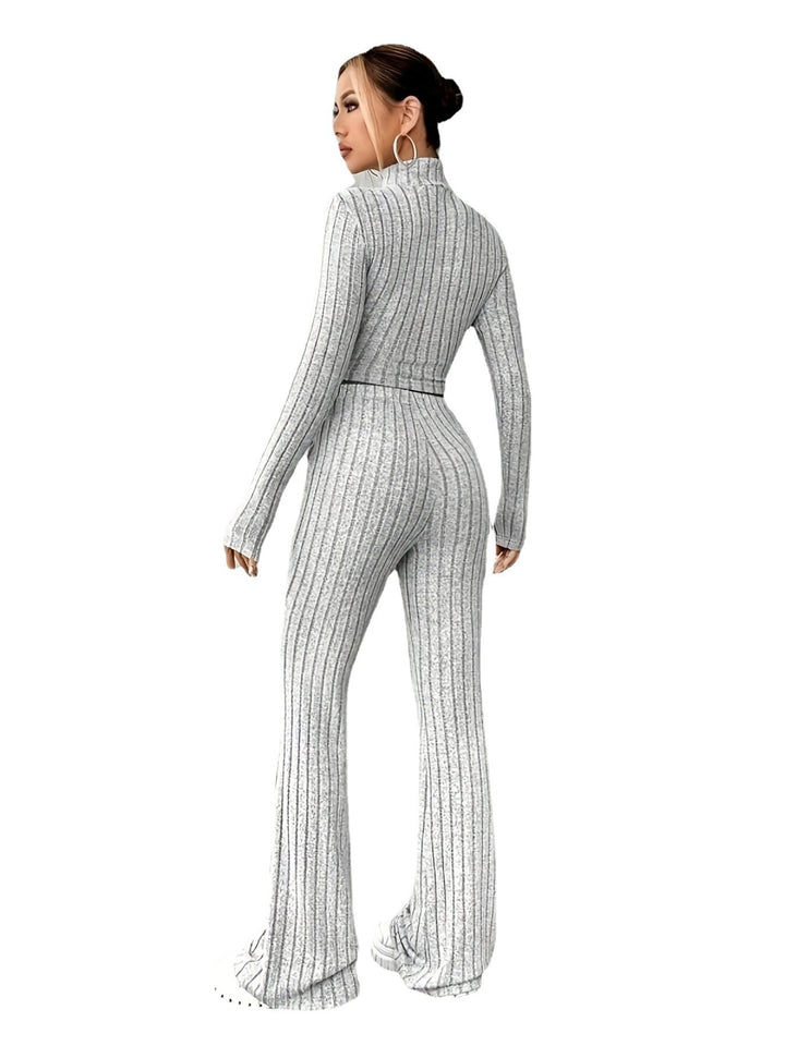 Solid Color Rib Fabric Women's Long-sleeved Knitwear And Trousers Suit-Suits & Sets-Zishirts