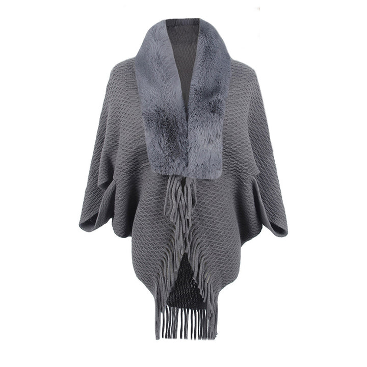 Drizzling Fur Collar Knitted Tassel Cape Coat Women-Scarves & Wraps-Zishirts