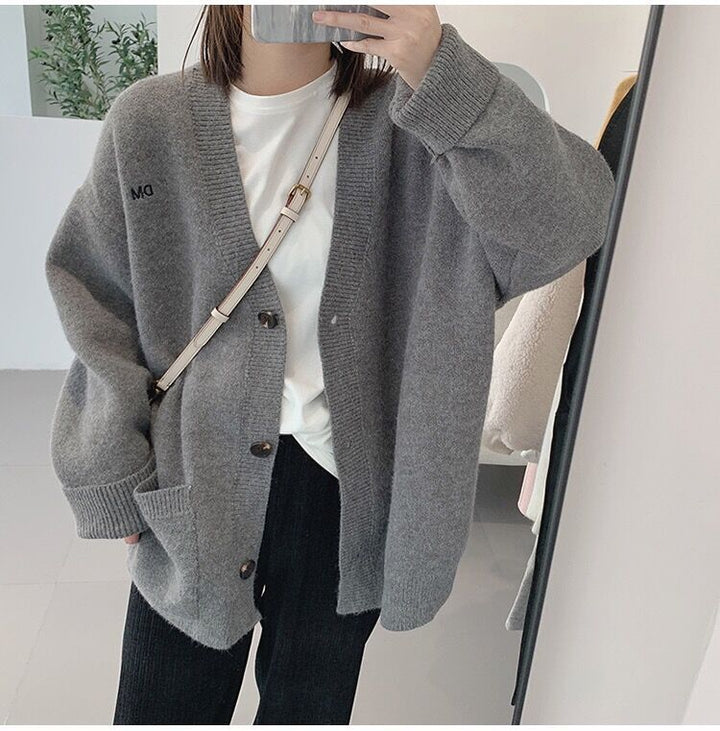 Women's Fashion Casual Solid Color Embroidery V-neck Sweater Coat-Sweaters-Zishirts