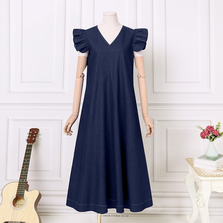 Denim Solid Color V-neck Bohemian Loose Large Size Long Dress-Lady Dresses-Zishirts