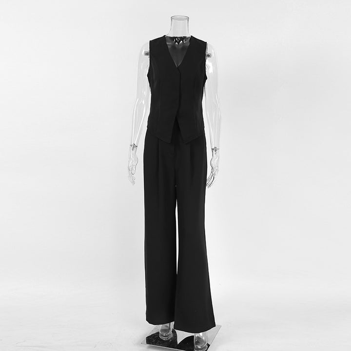 Black Slim V-neck Sleeveless Vest Straight-leg Trousers Suit-Suits & Sets-Zishirts