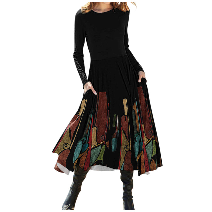 Women's Temperament Leisure Round Neck Long Sleeve Printed Dress-Lady Dresses-Zishirts