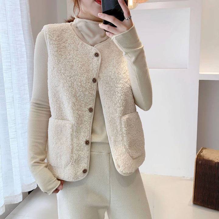 Women's Outer Wear Short Loose Lamb Wool Vest-Women's Outerwear 2023-Zishirts