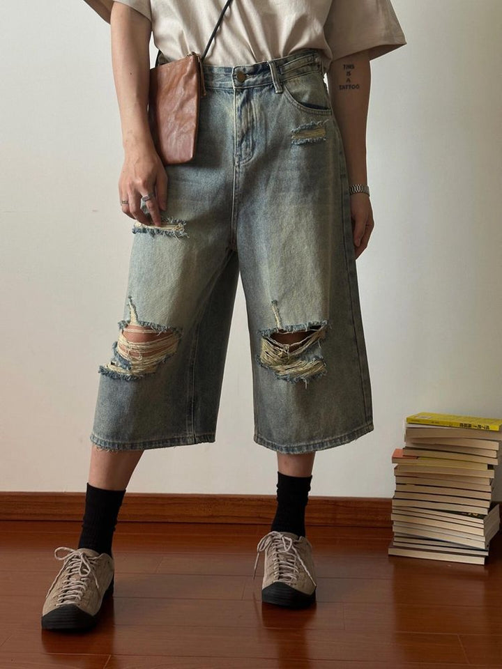 Ripped Wide-legged Jeans Loose Retro Washed Straight Short Pants-Womens 2024 March-Zishirts