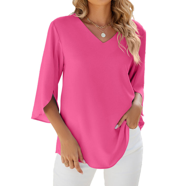 Women's Fashion Solid Color And V-neck Half Sleeves Loose Chiffon Blouse Top-Womens 2024 March-Zishirts