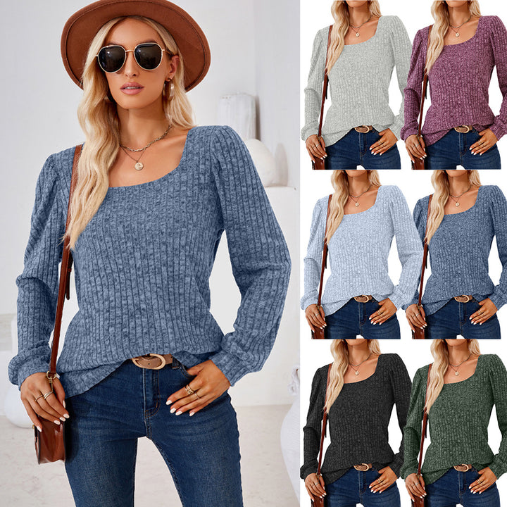 Square Collar Solid Color Rib Fabric Loose Long-sleeved T-shirt Top For Women-Blouses & Shirts-Zishirts