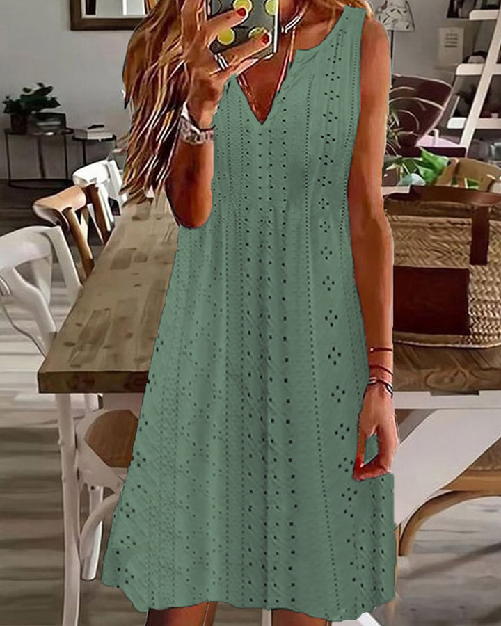 Women's Fashion Solid Color Hollow Jacquard V-neck Sleeveless Dress-Lady Dresses-Zishirts