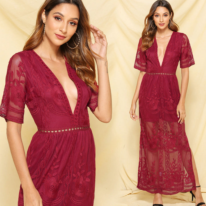 Embroidery Lace Deep V Split Holiday Lace Stitching Dress-Womens 2024 March-Zishirts