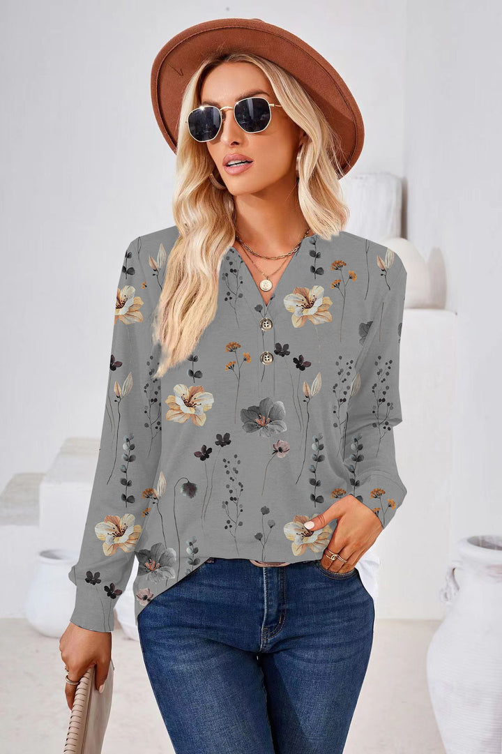 Women's Fashion Casual Printing Button V-neck Long Sleeve-Blouses & Shirts-Zishirts