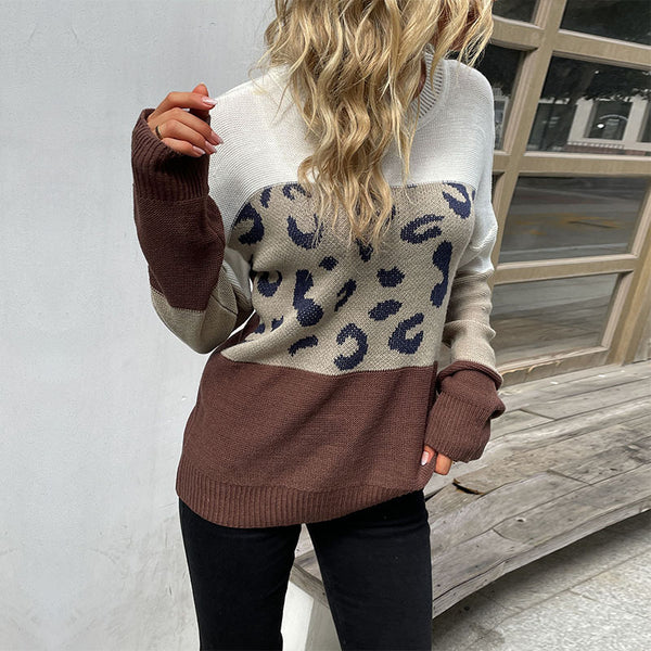 Casual Women's Long Sleeve Leopard Print Contrast Color Sweater-Sweaters-Zishirts