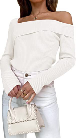 European And American Autumn Leisure Long-sleeved Slim Off-shoulder Knitted Sweater Pullover Top-Sweaters-Zishirts