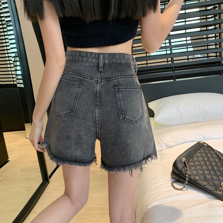 Wide Leg Denim Shorts Frayed Summer New High Waist Slimming-0-Zishirts