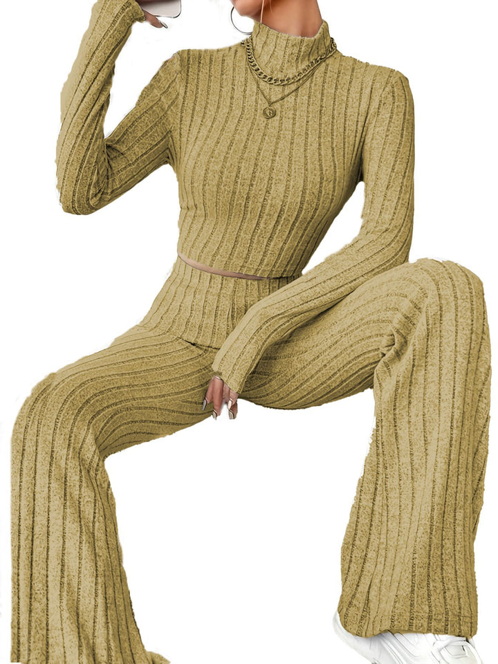 Solid Color Rib Fabric Women's Long-sleeved Knitwear And Trousers Suit-Suits & Sets-Zishirts