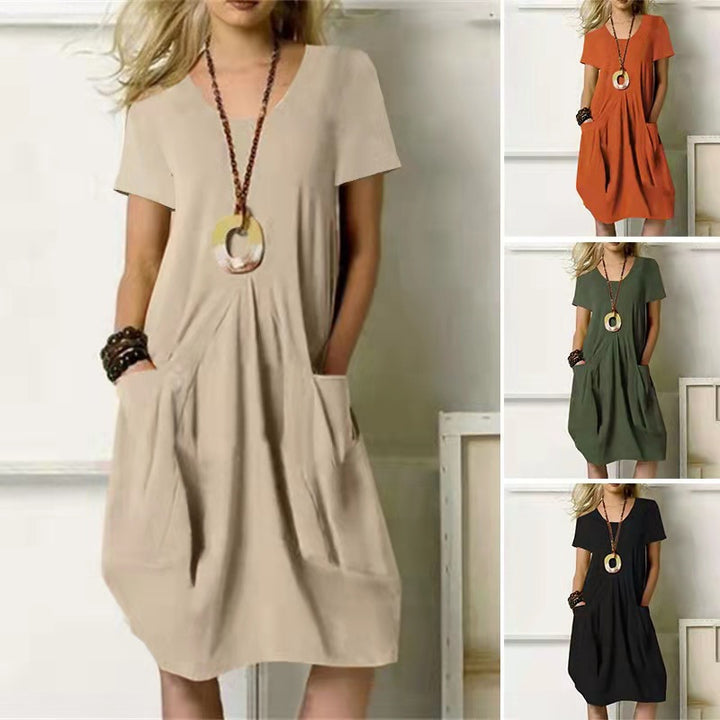 Cotton And Linen Solid Color Loose Round Neck Short Sleeve Dress-0-Zishirts