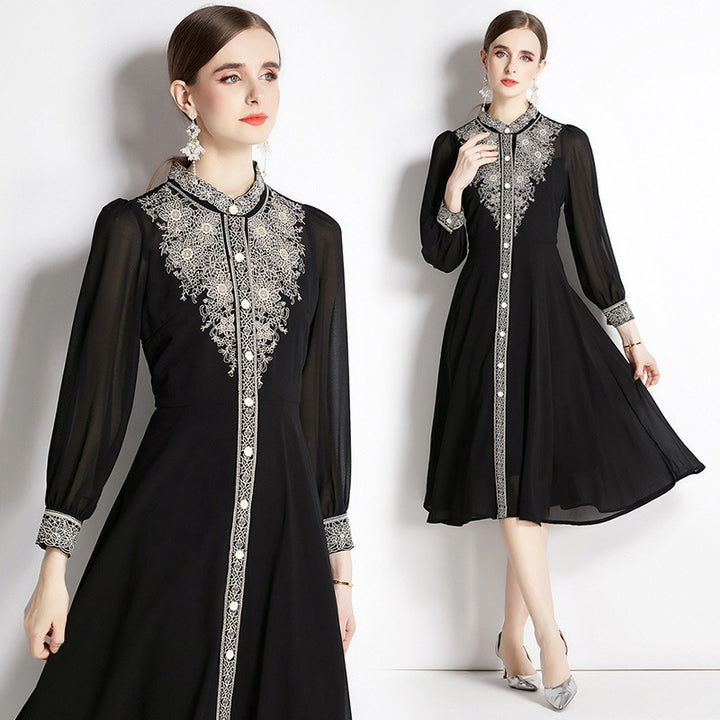 Long Sleeve Gold Thread Embroidered Elegant Midi Dress-Womens 2024 March-Zishirts