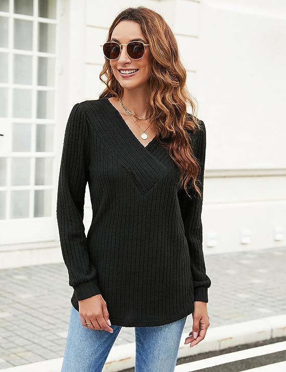 Women's Plus Size Long Sleeve V-neck Casual Top-Sweaters-Zishirts