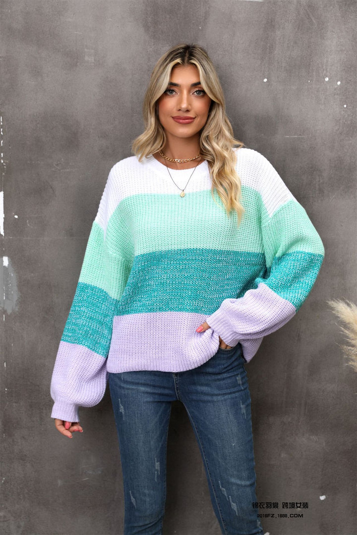 Stitching Contrast Color Large Size Loose Pullover Sweater-Sweaters-Zishirts