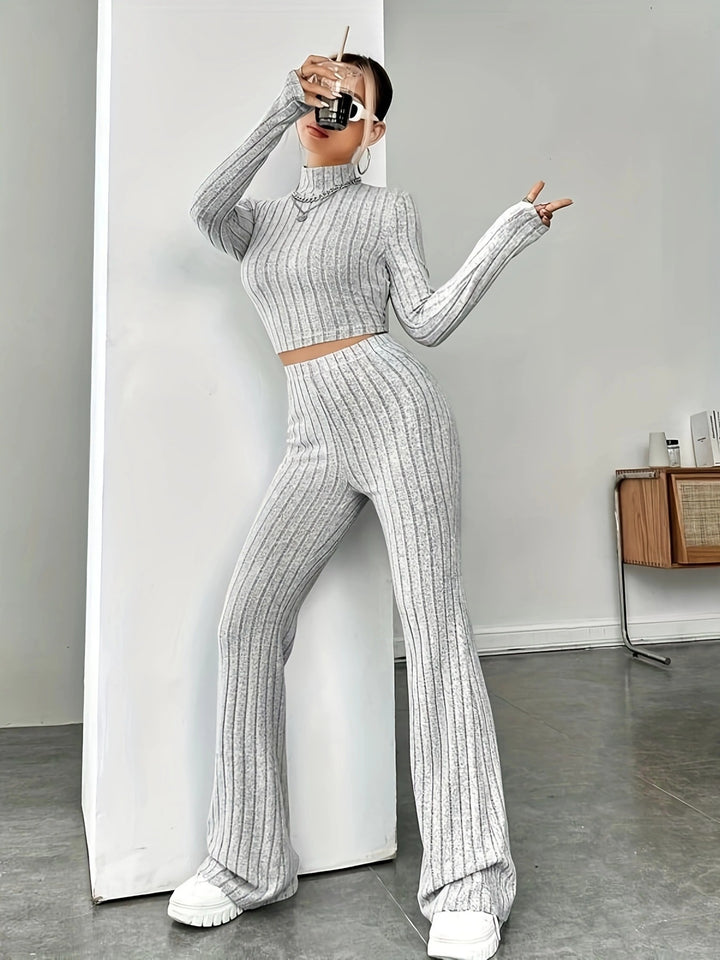 Solid Color Rib Fabric Women's Long-sleeved Knitwear And Trousers Suit-Suits & Sets-Zishirts